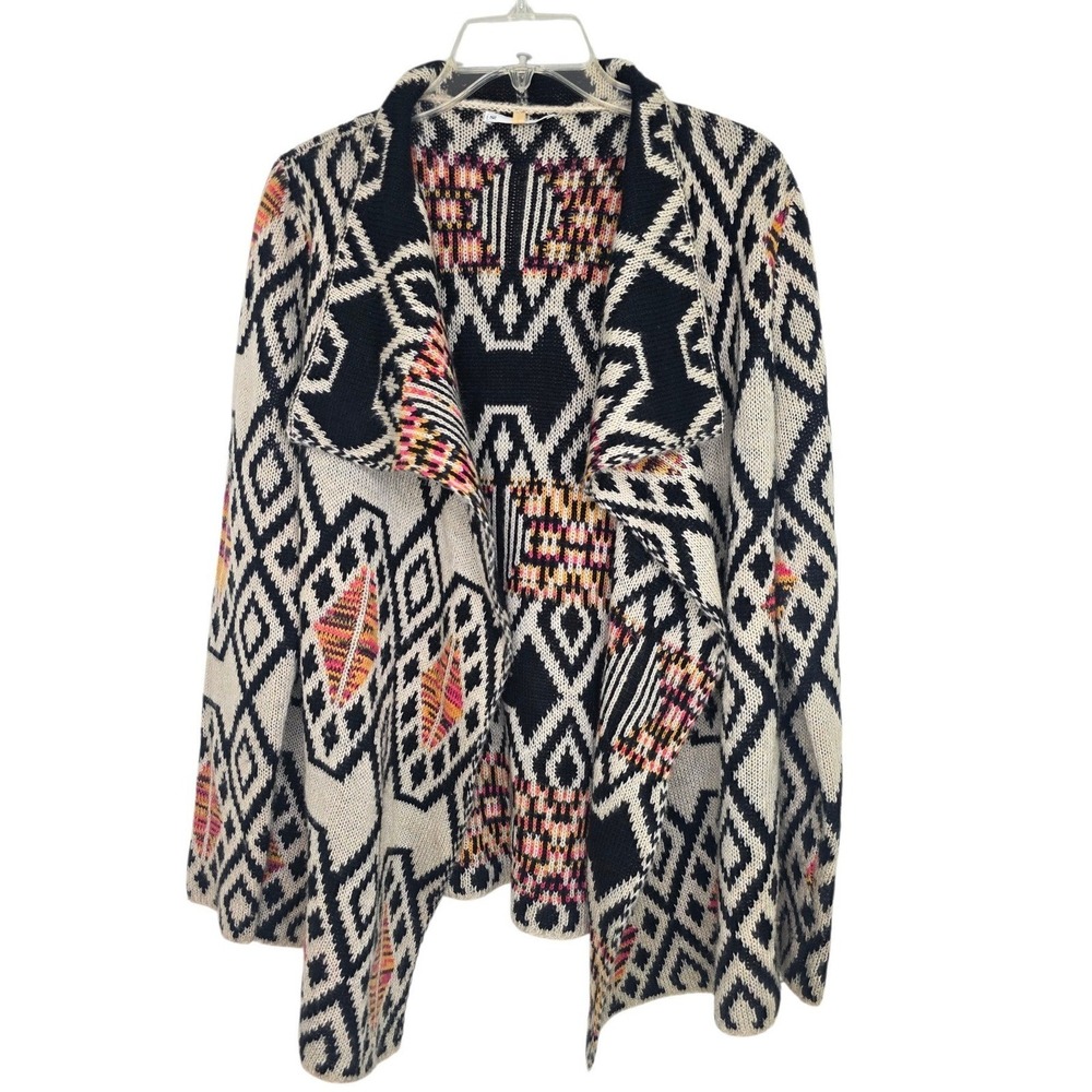 Sioni Womens Large Geometric Tribal Open Front Waterfall Cardigan Sweater Black‎